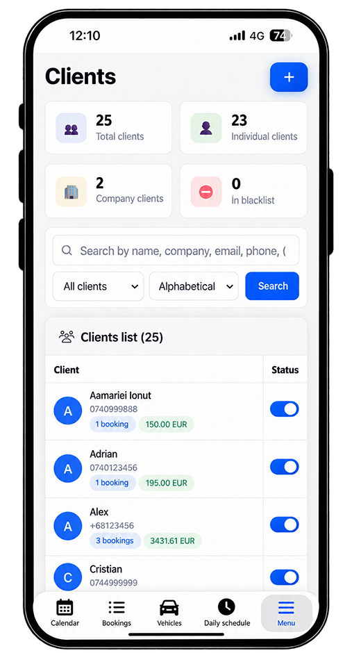 Rent a car customer records with booking history and documents